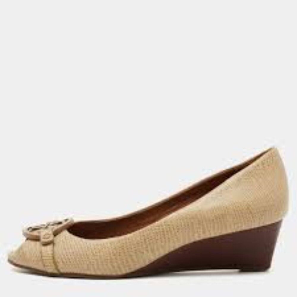 Tory Burch Beige Lizard Embossed Leather Julianne  Wedge Pump Heels, Size 9.5